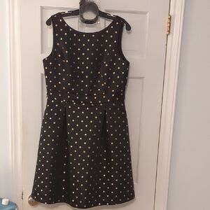 White House Black Market Gold Metallic Polka Dot Black Satin Dress, Large
